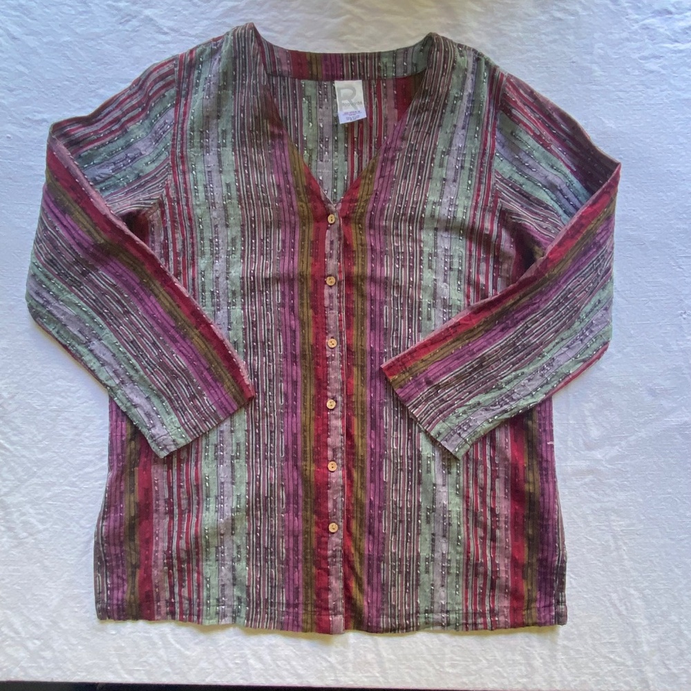 Roaman's Button Down Shirt Blouse W's Sz 14 Cotton Global Art Teacher Lagenlook